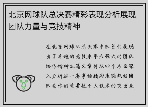 北京网球队总决赛精彩表现分析展现团队力量与竞技精神