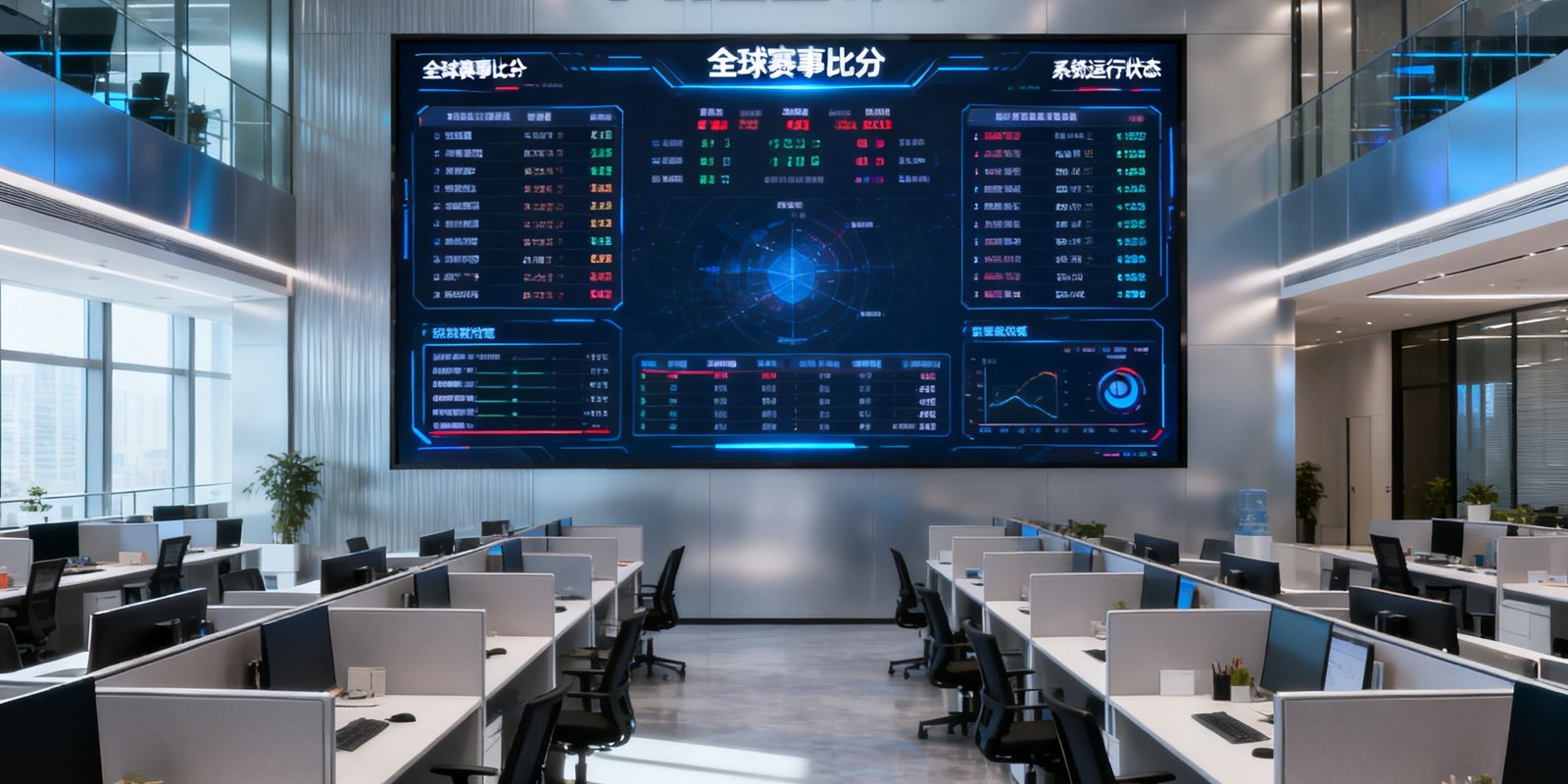MILE米乐北京总部办公区全景，开放式工位排列有序，正面墙上悬挂巨型数据监控屏幕实时显示全球赛事比分与系统运行状态